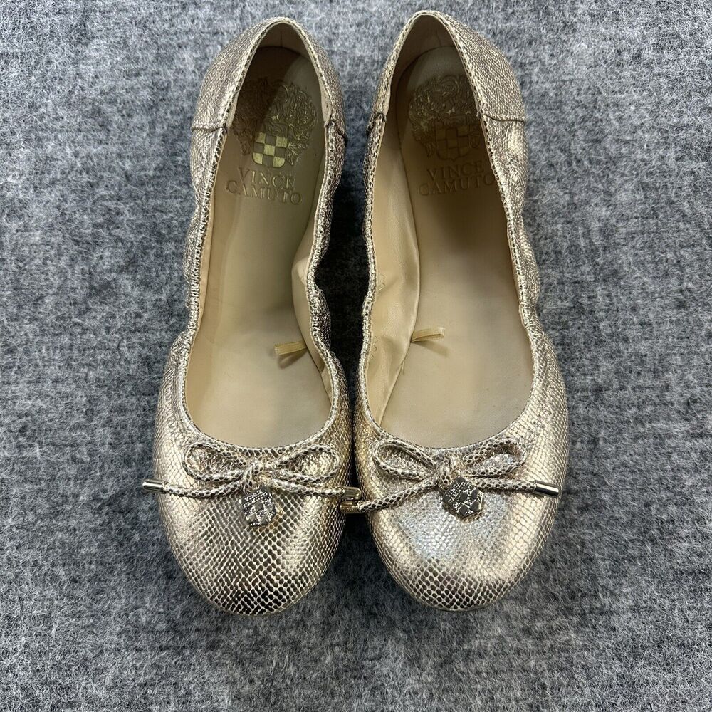 Vince Camuto Ballet Flats Women Size Gold Snake Skin Textured Bow Charm Eryn - Picture 2 of 15